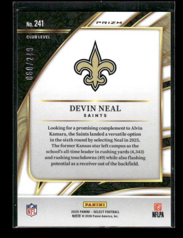 Devin Neal - 2025 Select Football - Club Level Tri Color /249 - Rookie