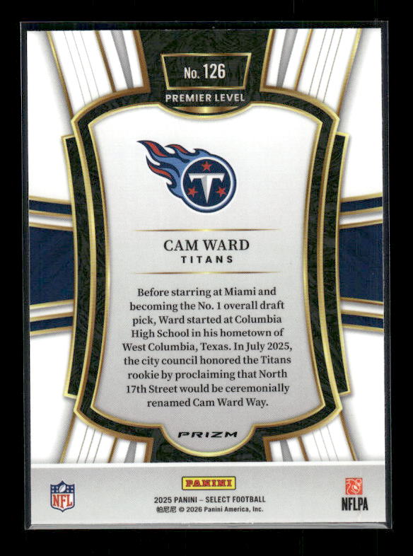 Cam Ward - 2025 Select Football - Premier Pink Shock - Rookie