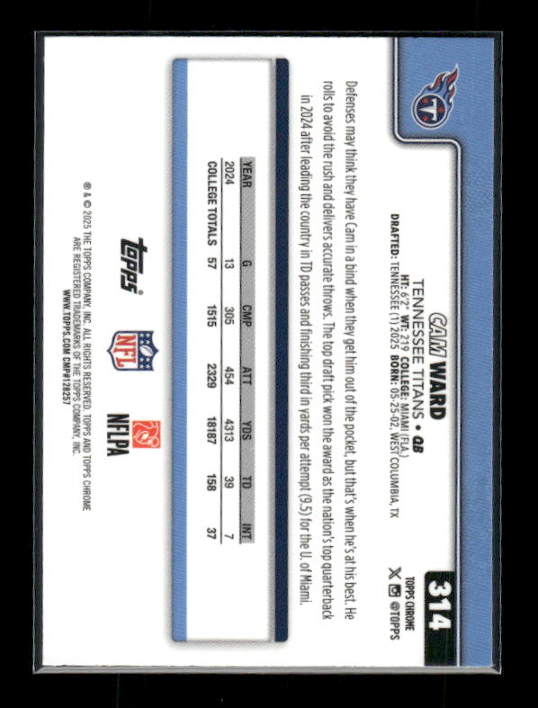 Cam Ward - 2025 Topps Chrome Football - Football Leather Refractor - Rookie