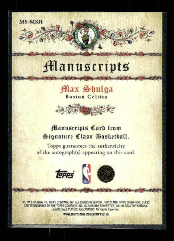 Max Shulga - 2025/26 Topps Signature Class Basketball - Manuscripts Auto - Rookie