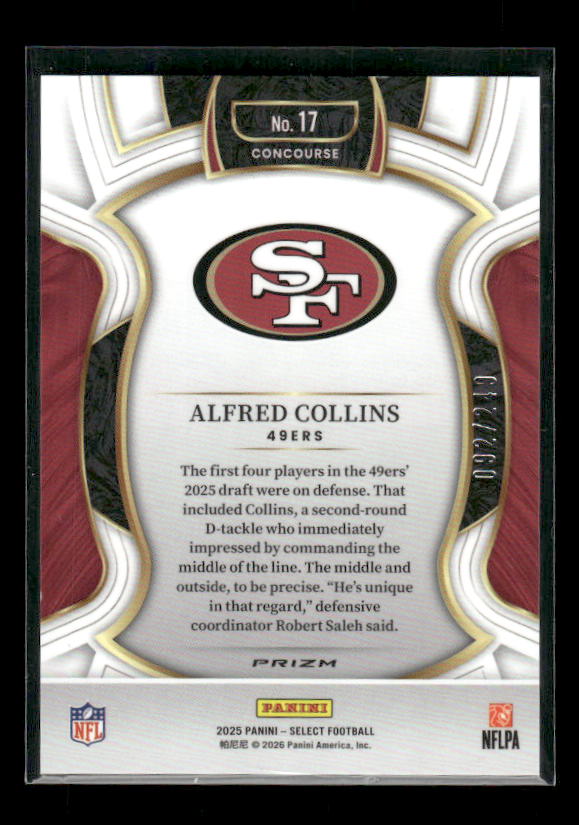 Alfred Collins - 2025 Select Football - Blue Checker /249 - Rookie