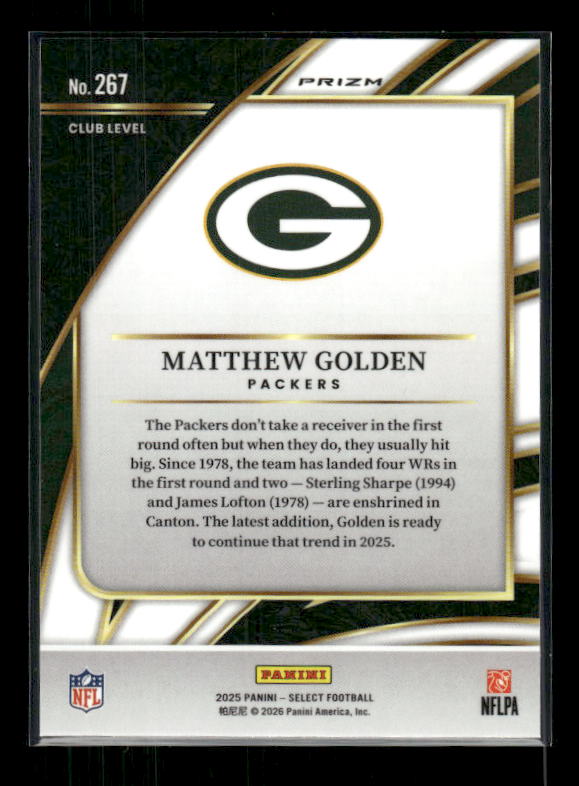 Matthew Golden - 2025 Select Football - Club Level Green & Yellow Shock - Rookie