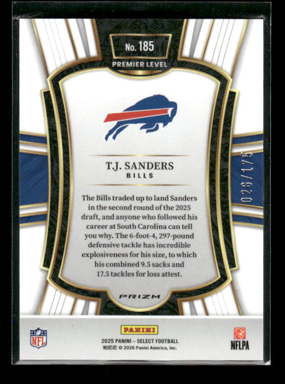 T.J. Sanders - 2025 Select Football - Premier Level Blue Checker /175 - Rookie