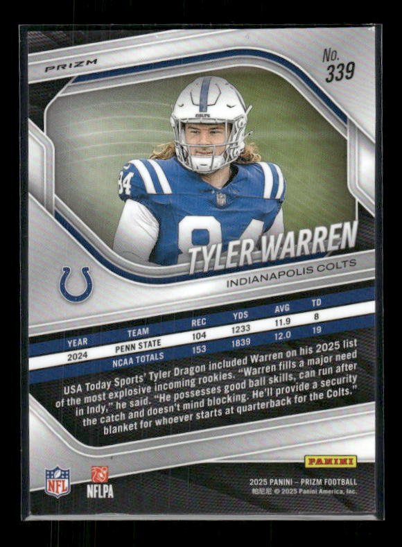 Tyler Warren - 2025 Prizm Football - Silver Prizm - Rookie
