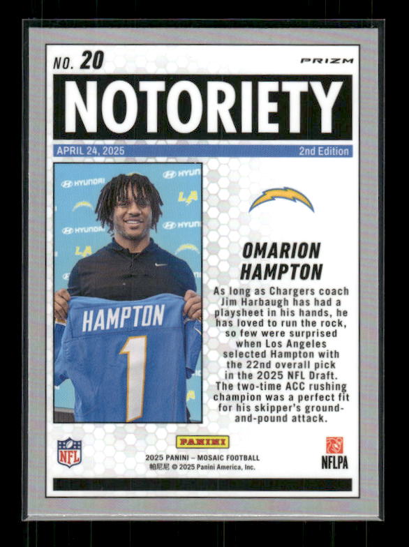 Omarion Hampton - 2025 Mosaic Football - Green Mosaic Notoriety - Rookie
