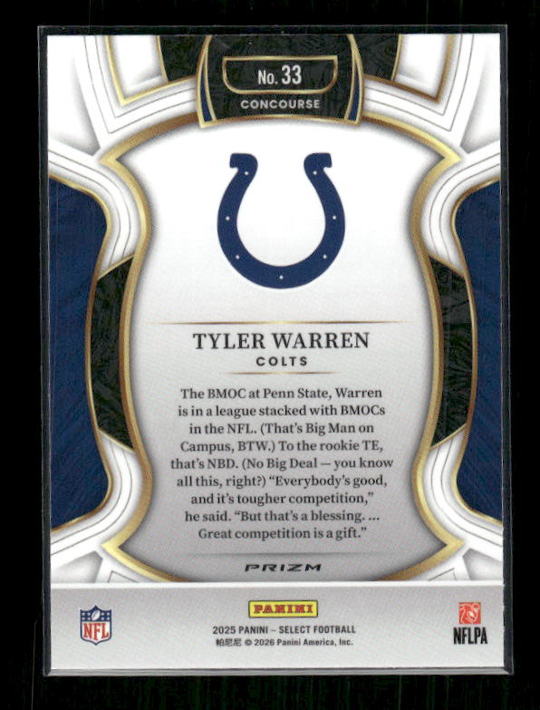 Tyler Warren - 2025 Select Football - Black & Red Shock - Rookie