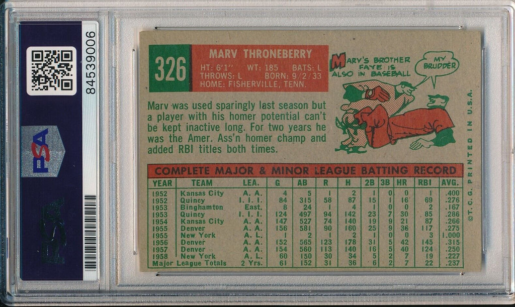 Marv Throneberry Yankees Signed/Autographed 1959 TOPPS Card #326 PSA/DNA 166635