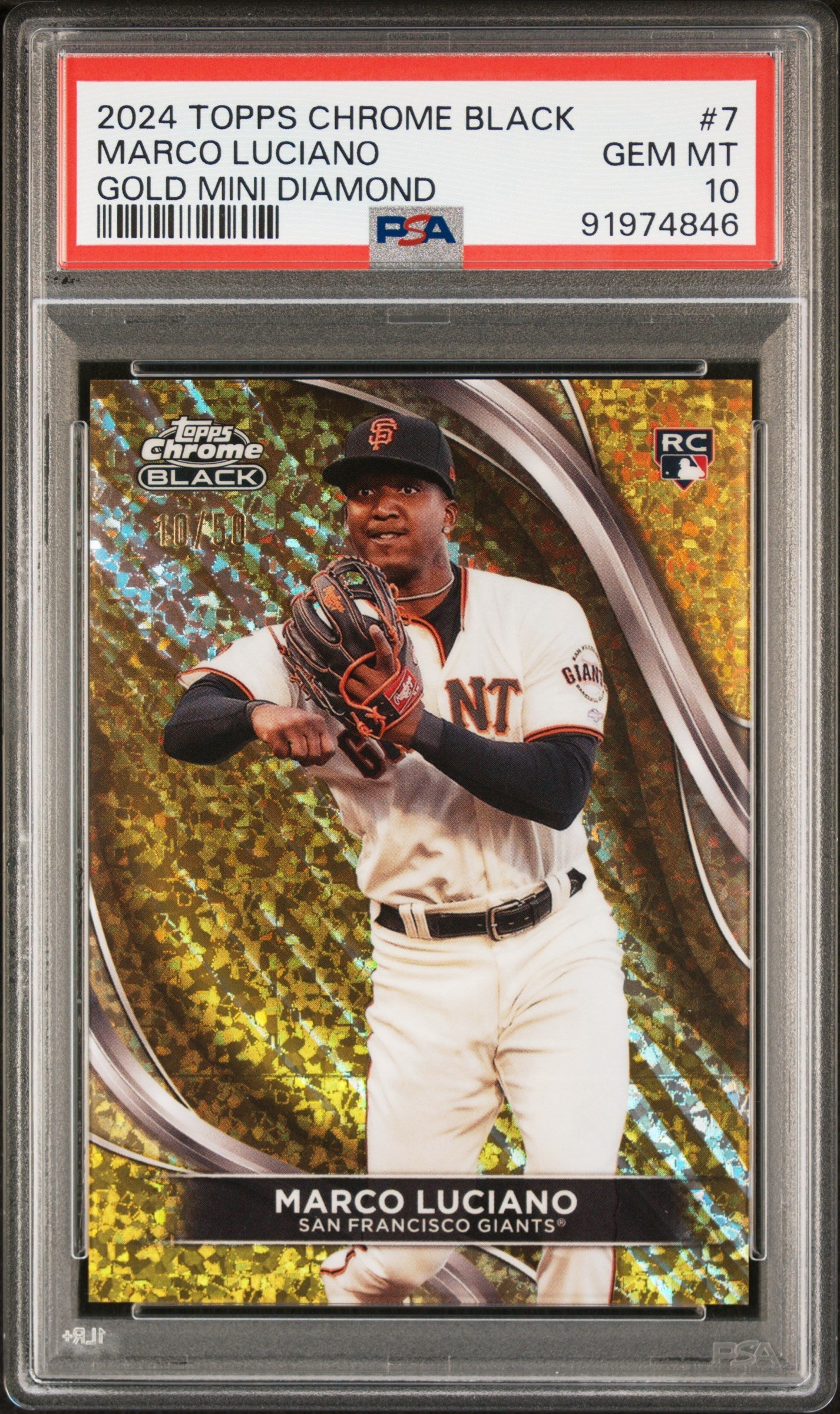 Graded 2024 Topps Chrome Black Marco Luciano #7 Gold Mini Diamond /50 Rookie RC Baseball Card PSA 10 Gem Mint