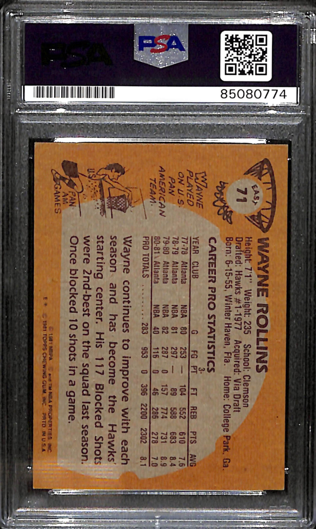 Wayne Rollins Signed 1981 Topps Card #71 Atlanta Hawks PSA/DNA 183799