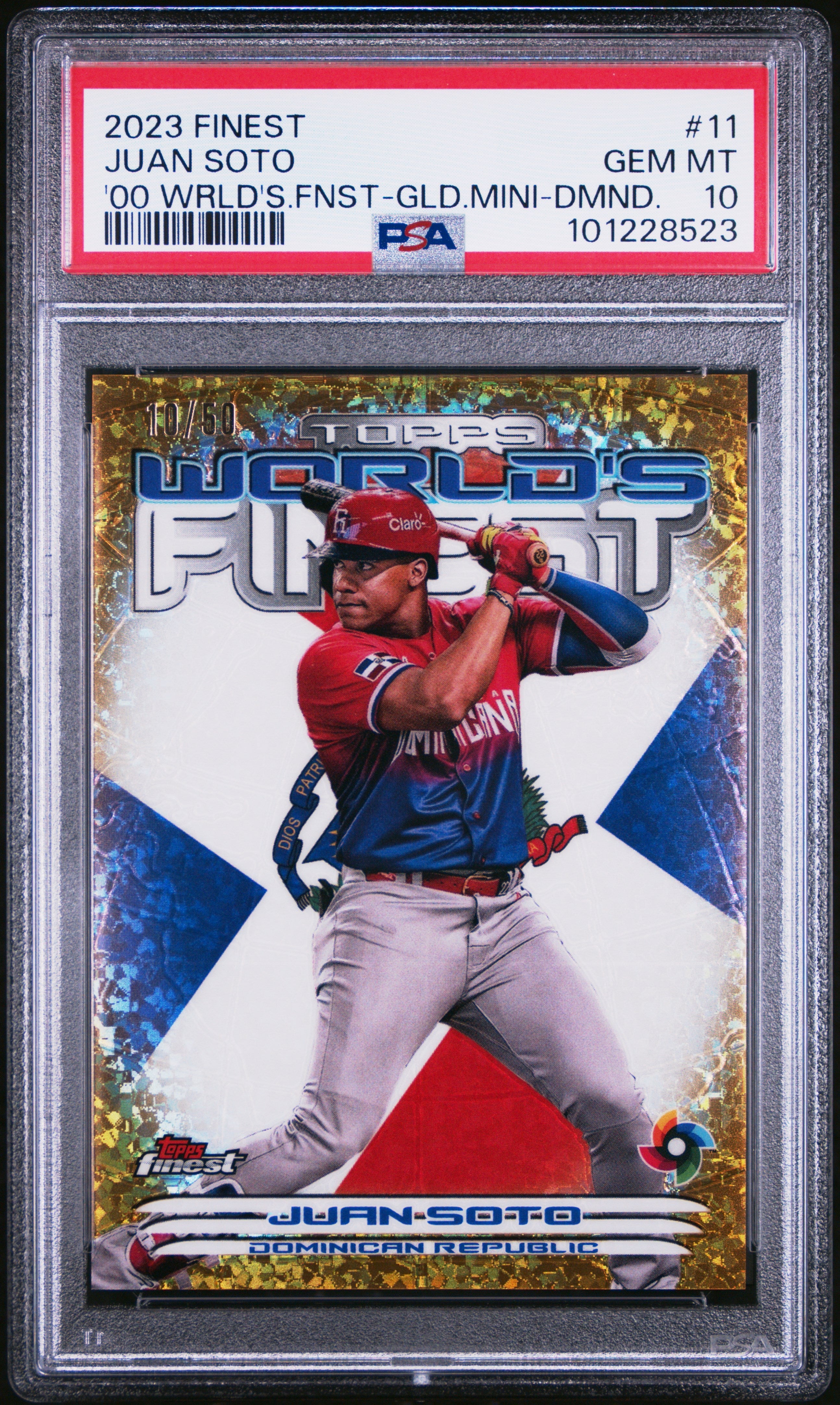 Graded 2023 Topps Finest Juan Soto #11 '00 Worlds Finest Gold Mini Diamond /50 Baseball Card PSA 10 Gem Mint