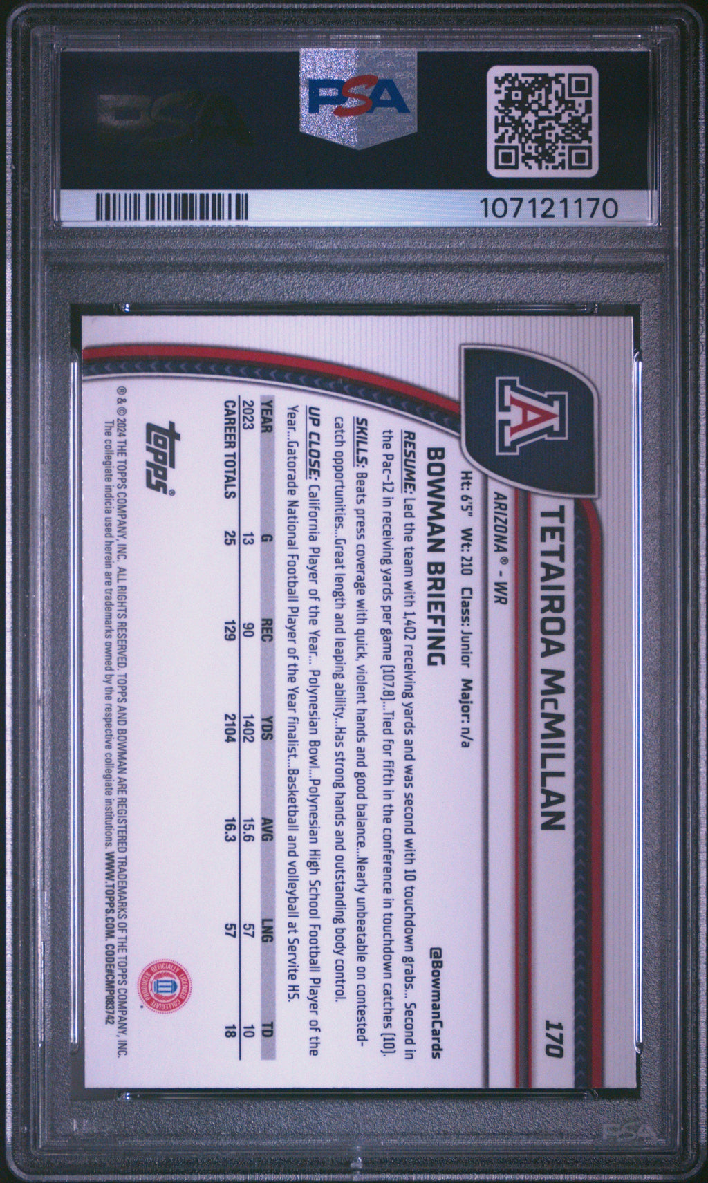 Graded 2024 Topps Bowman U Chrome Tetairoa McMillan #170 Pink Lava Rookie RC Football Card PSA 10 Gem Mint