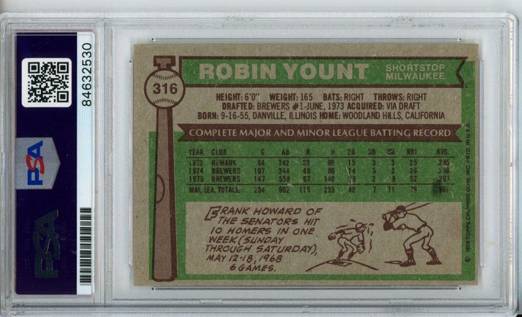 1976 Topps Robin Yount HOF #316 Card Signed Brewers PSA/DNA GEM MINT 10