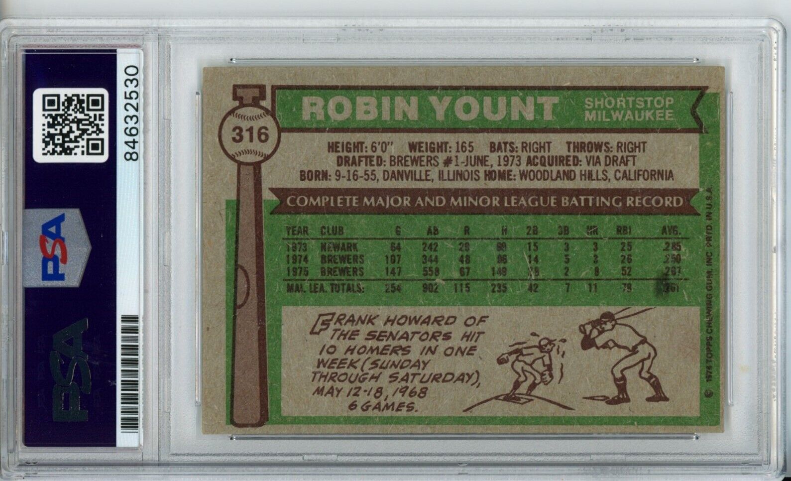 1976 Topps Robin Yount HOF #316 Card Signed Brewers PSA/DNA GEM MINT 10