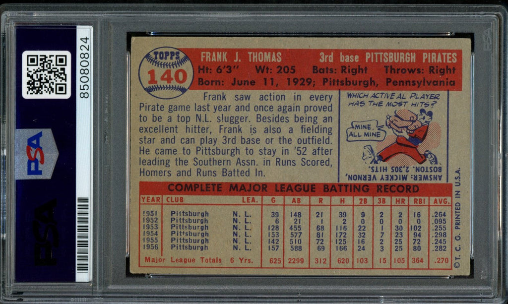 Frank Thomas Signed 1957 Topps Card #140 Pittsburgh Pirates PSA/DNA 184183