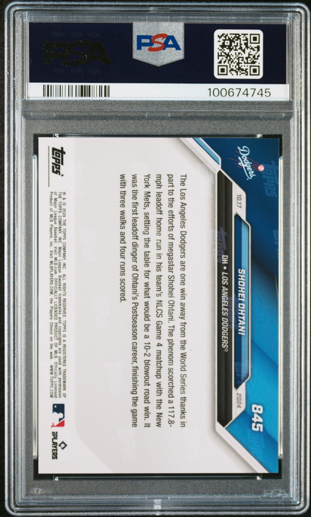 Graded 2024 Topps Now Shohei Ohtani #845 Hits 1st Leadoff HR of Postseason Career in Rout NLCS Baseball Card PSA 10 Gem Mint