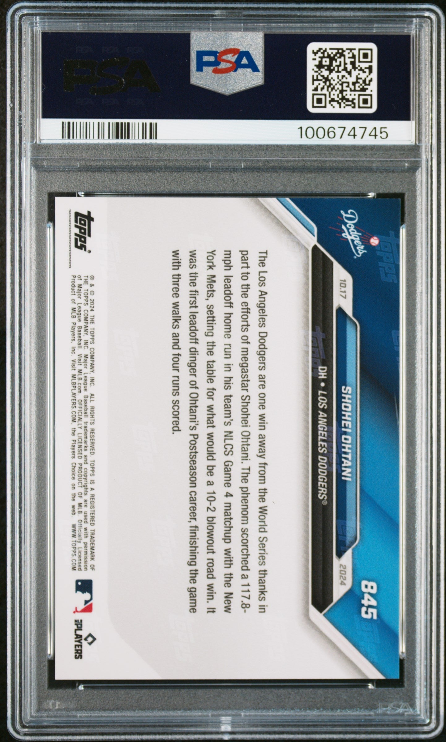Graded 2024 Topps Now Shohei Ohtani #845 Hits 1st Leadoff HR of Postseason Career in Rout NLCS Baseball Card PSA 10 Gem Mint