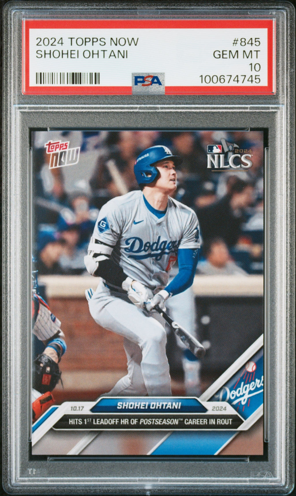 Graded 2024 Topps Now Shohei Ohtani #845 Hits 1st Leadoff HR of Postseason Career in Rout NLCS Baseball Card PSA 10 Gem Mint