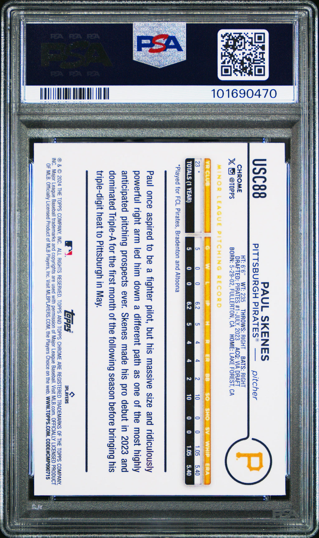 Graded 2024 Topps Chrome Update Paul Skenes #USC88 Rookie RC Baseball Card PSA 10 Gem Mint