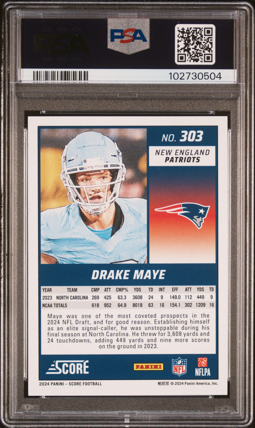 Graded 2024 Panini Score Drake Maye #303 Rookie RC Football Card PSA 10 Gem Mint