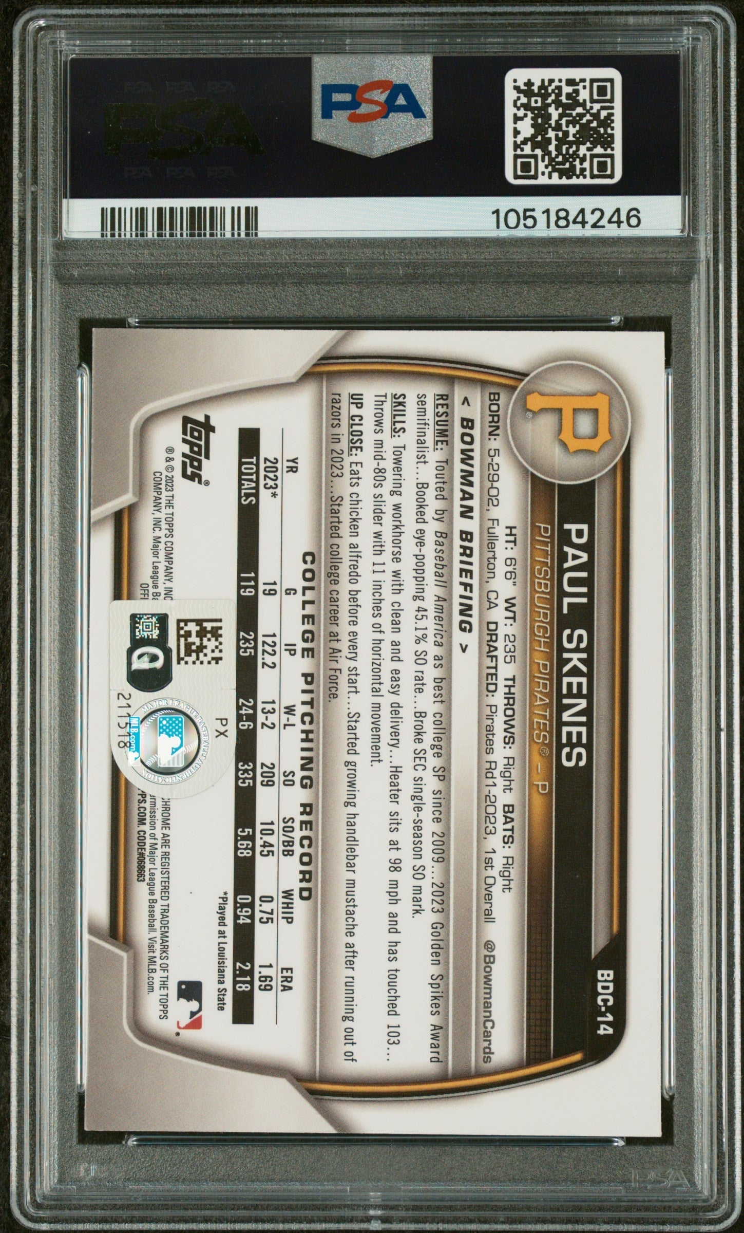 Graded 2023 Topps Bowman Draft Paul Skenes #BDC14 Chrome Rookie RC Baseball Card PSA 10 Auto Grade Gem Mint