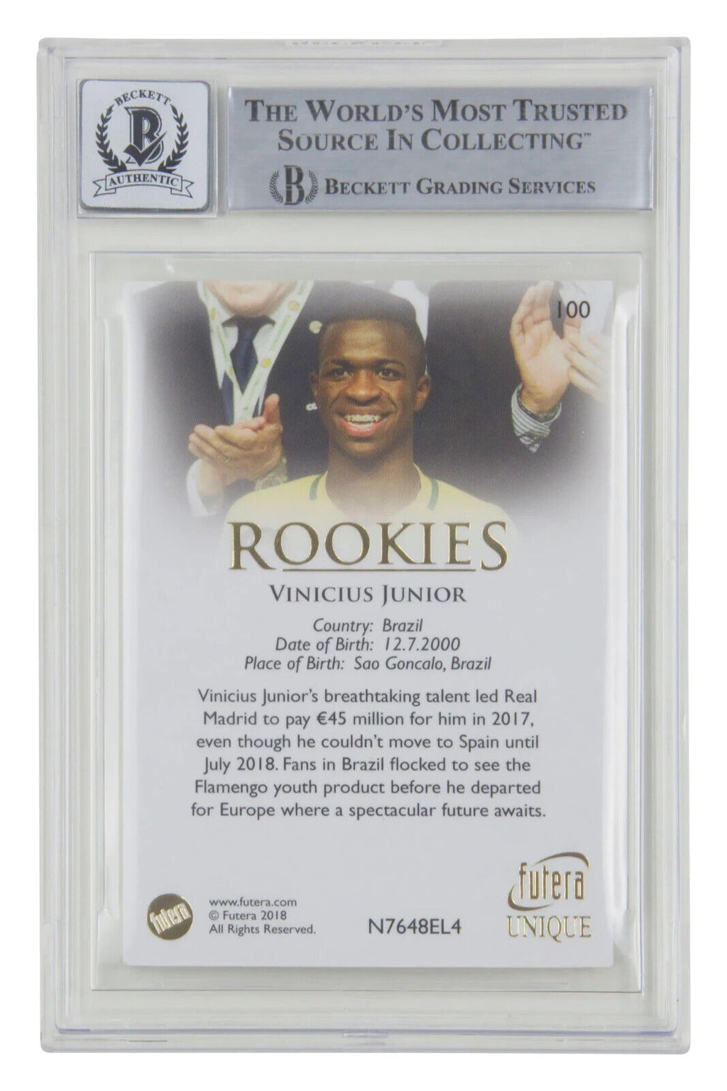 Vinicius Jr Signed 2018 Futera Unique World #100 Rookies Card – BGS 10