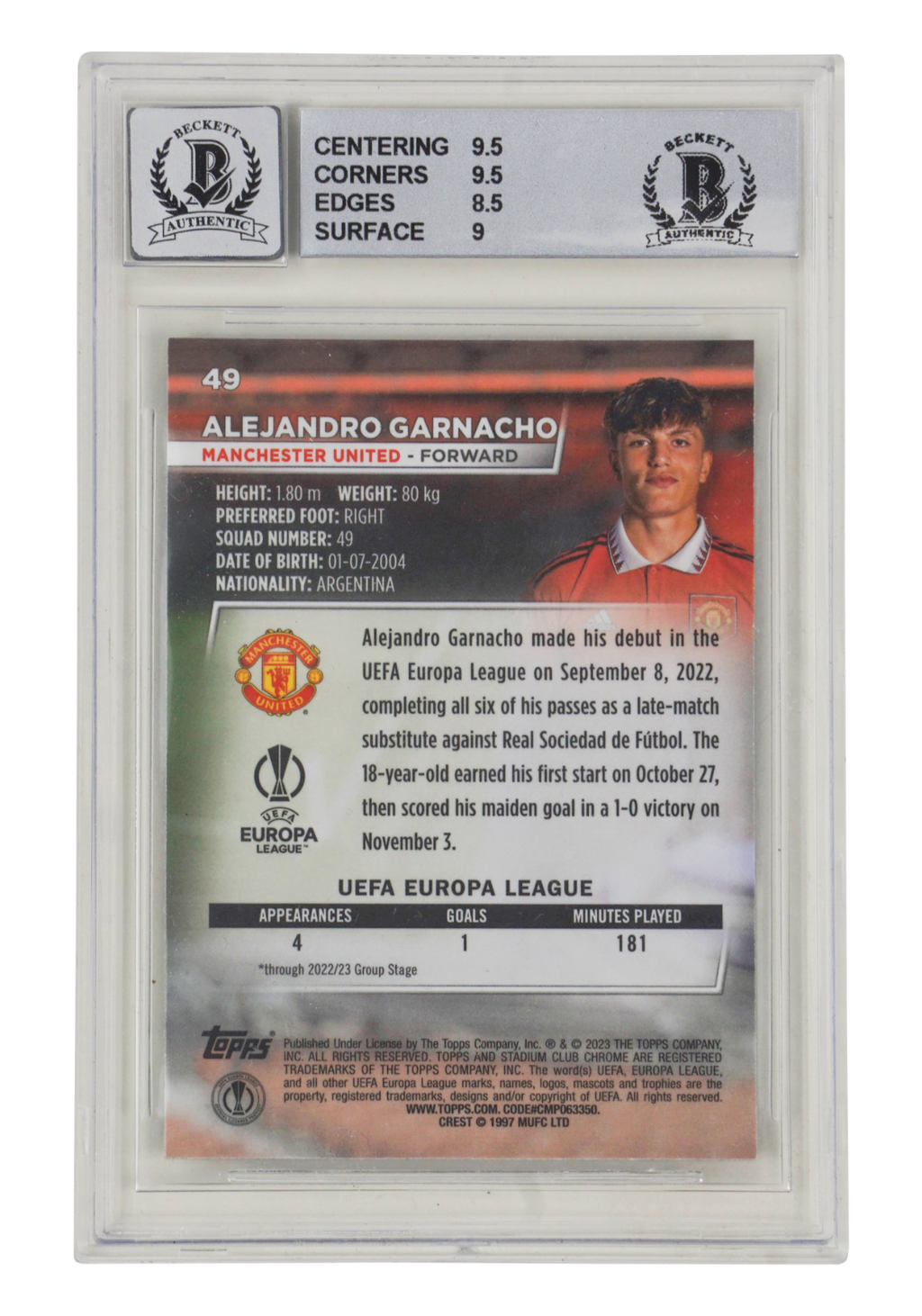 Alejandro Garnacho Signed 2022 Topps Stadium Club Chrome RC - BGS 9 AUTO 10