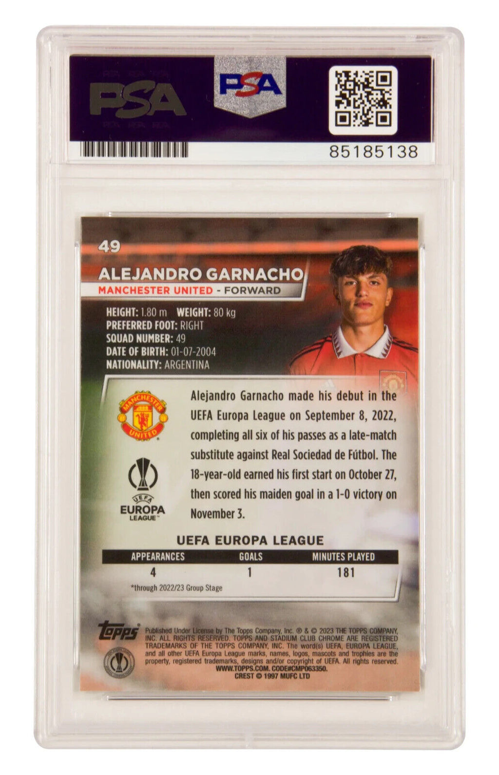 Alejandro Garnacho Signed 2022 Topps Stadium Club Chrome Rookie Card – PSA 10