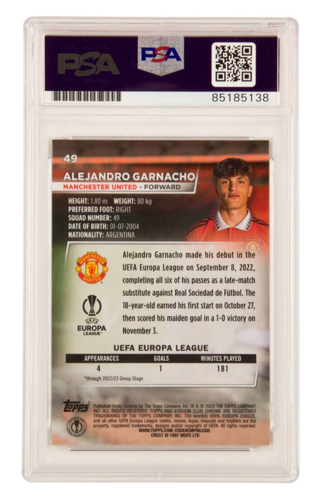 Alejandro Garnacho Signed 2022 Topps Stadium Club Chrome Rookie Card – PSA 10