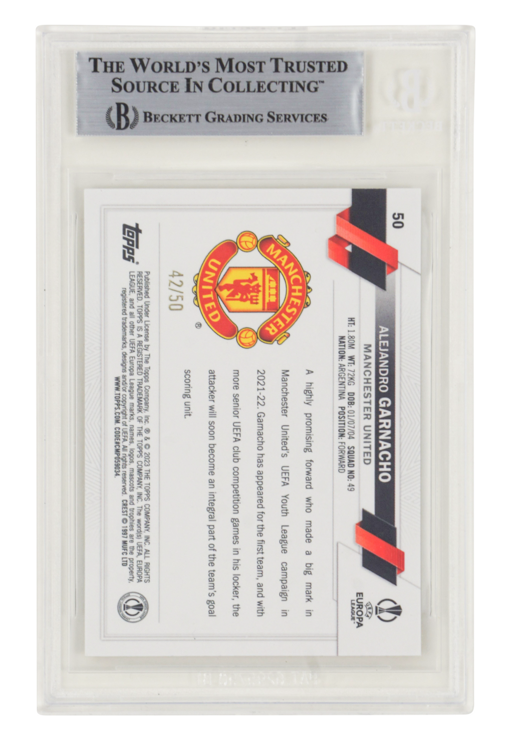 Alejandro Garnacho Signed 2022-23 Topps UCC Gold /50 Rookie - BGS Authentic