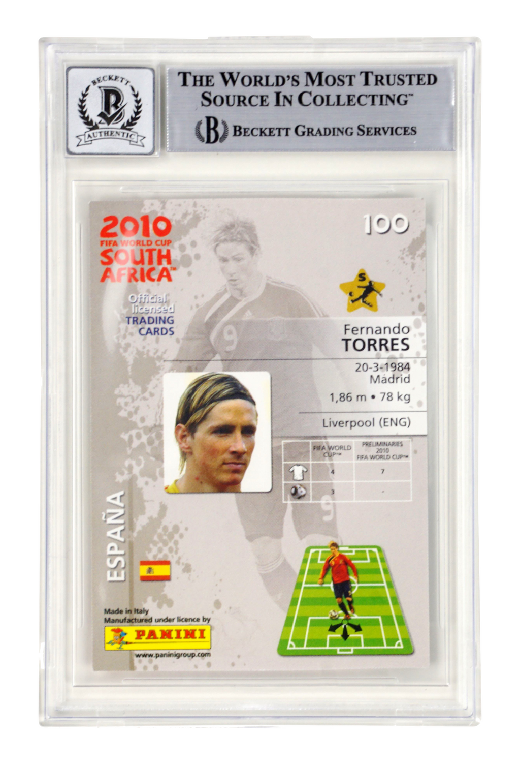 Fernando Torres Signed 2010 Panini World Cup Premium #100 - BGS 10 Autograph