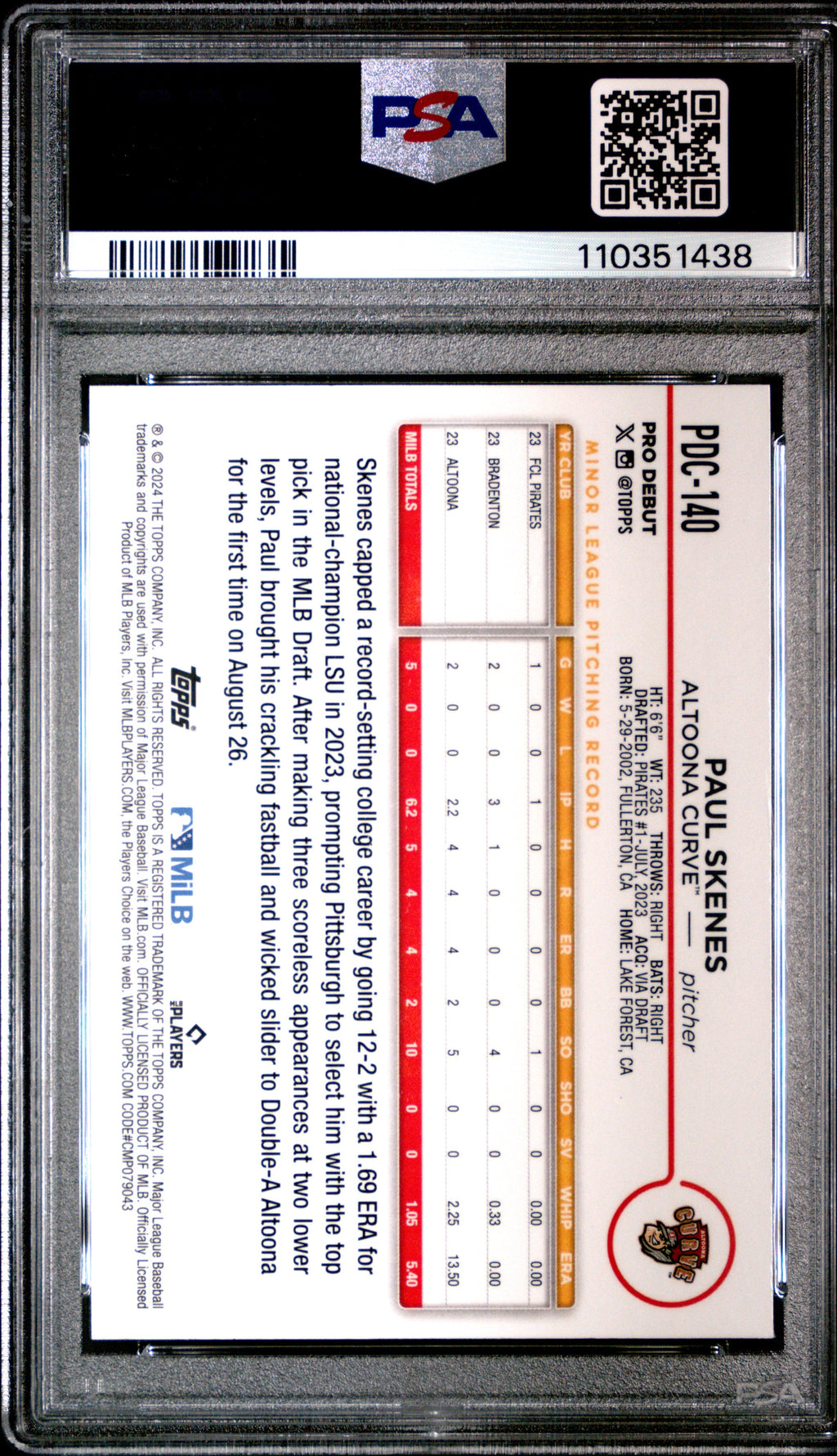 Graded 2024 Topps Pro Debut Paul Skenes #PDC140 Chrome Rookie RC Baseball Card PSA 10 Gem Mint