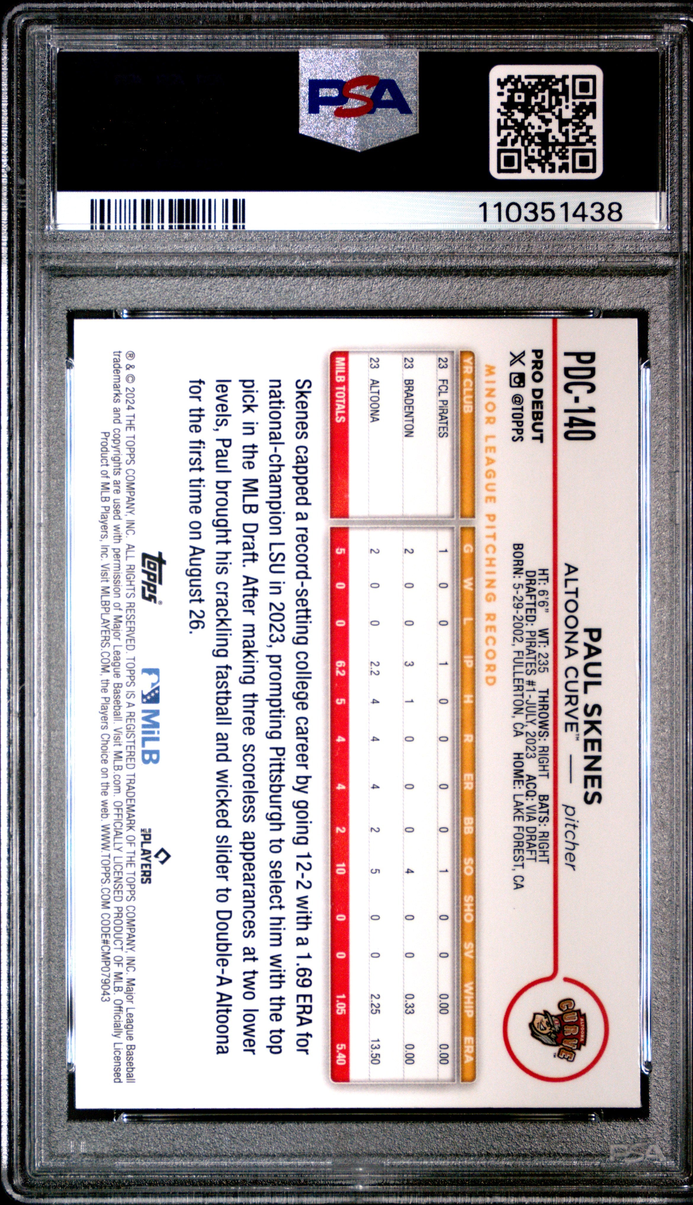 Graded 2024 Topps Pro Debut Paul Skenes #PDC140 Chrome Rookie RC Baseball Card PSA 10 Gem Mint