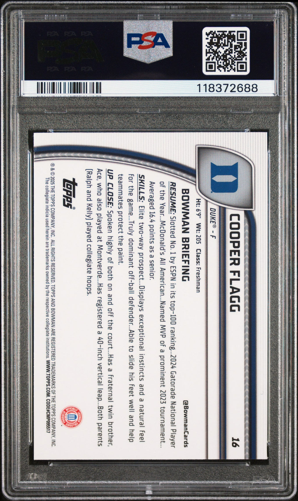 Graded 2024 Topps Bowman Chrome U Cooper Flagg #16 Green Shimmer Rookie RC Basketball Card PSA 10 Gem Mint