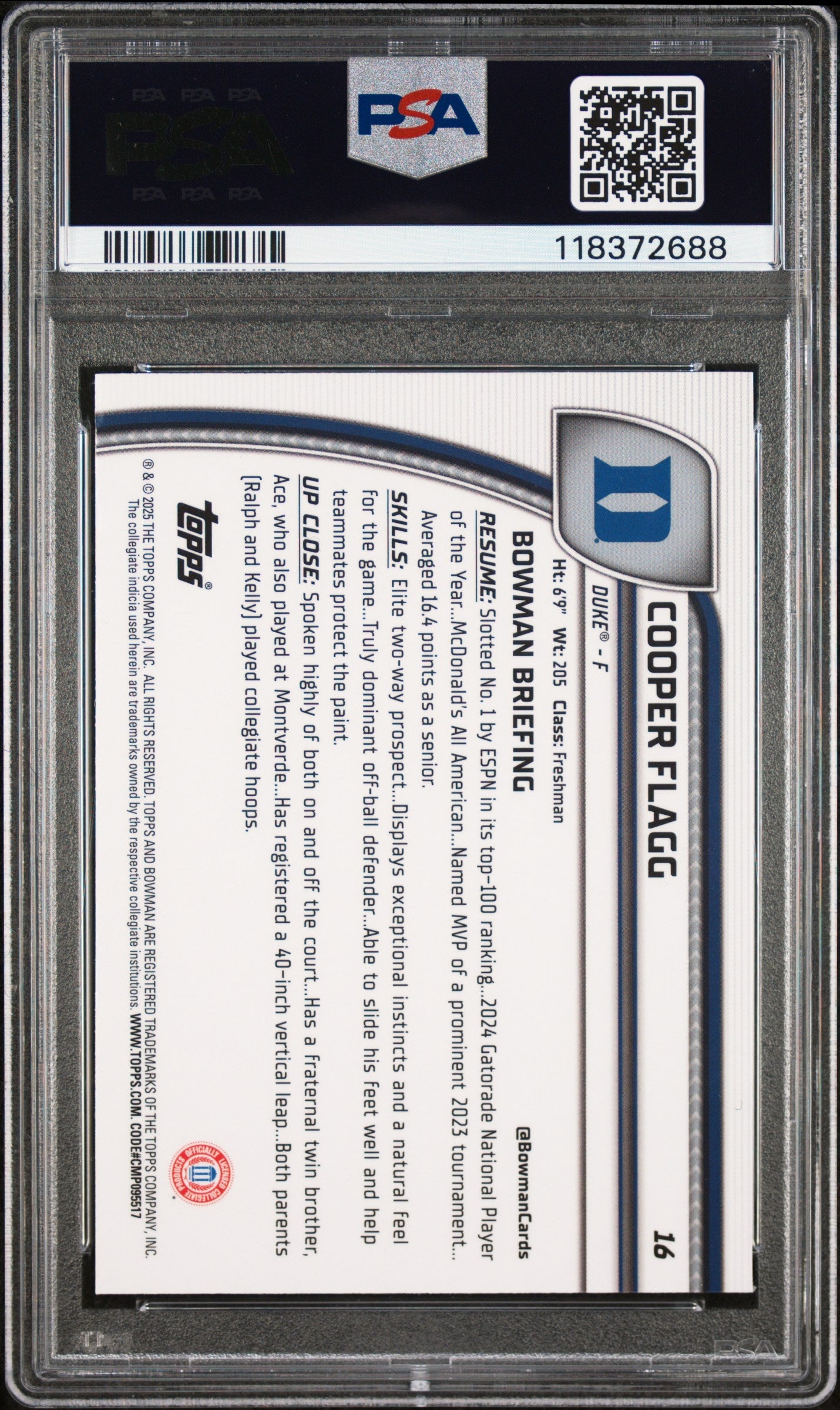 Graded 2024 Topps Bowman Chrome U Cooper Flagg #16 Green Shimmer Rookie RC Basketball Card PSA 10 Gem Mint