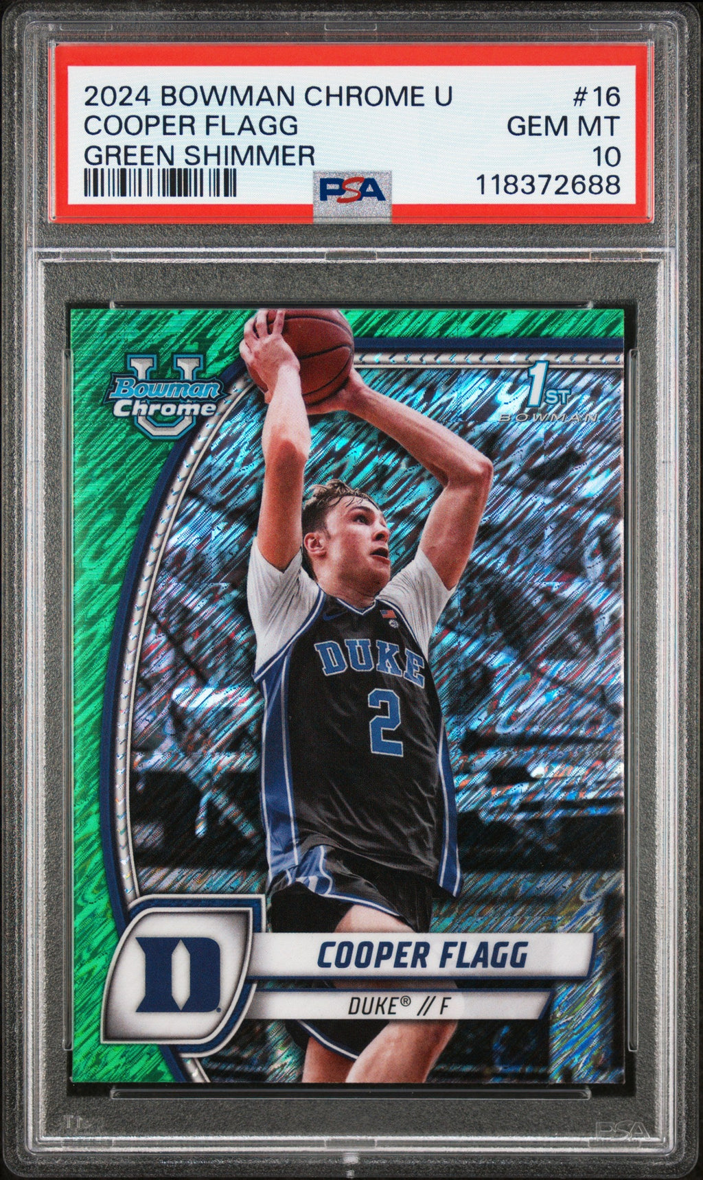 Graded 2024 Topps Bowman Chrome U Cooper Flagg #16 Green Shimmer Rookie RC Basketball Card PSA 10 Gem Mint