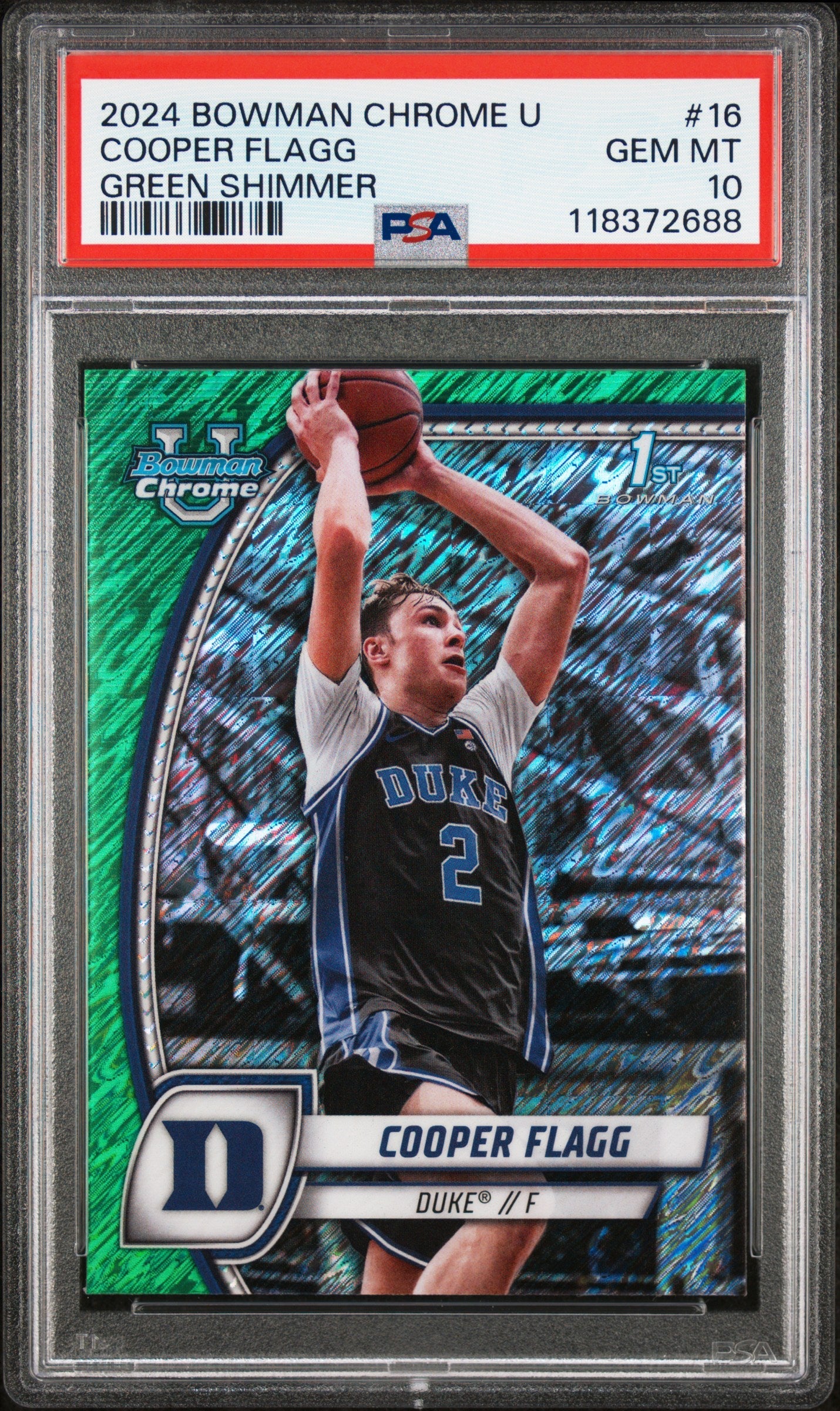 Graded 2024 Topps Bowman Chrome U Cooper Flagg #16 Green Shimmer Rookie RC Basketball Card PSA 10 Gem Mint