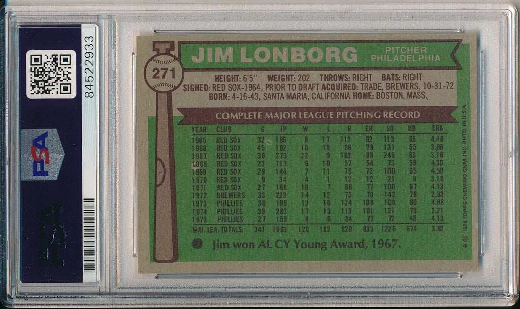 Jim Lonborg Philadelphia Phillies Signed 1976 TOPPS Card #271 PSA/DNA 166244