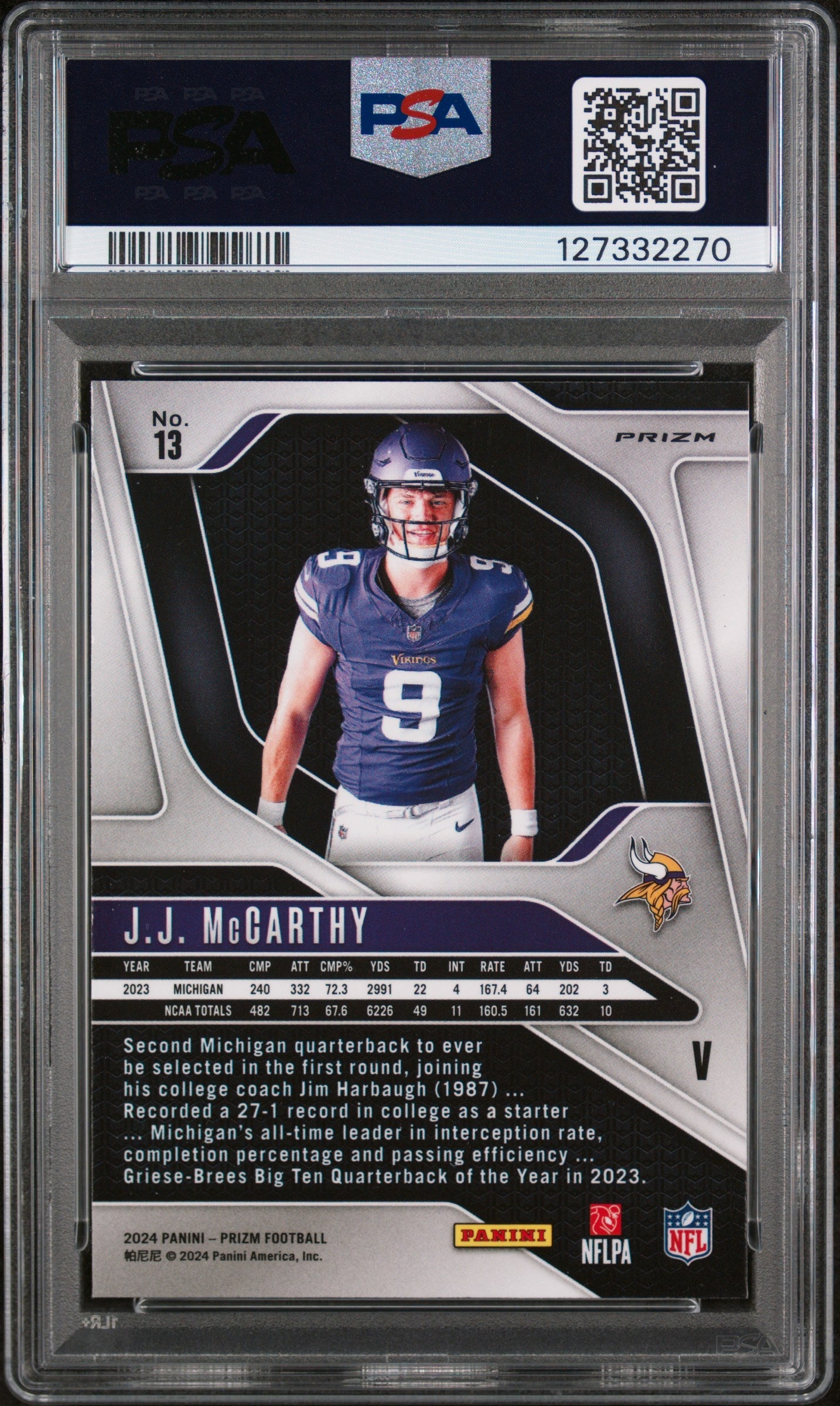 2024 Panini Prizm #13 JJ McCarthy Silver Prizm Rookie Variation PSA 10