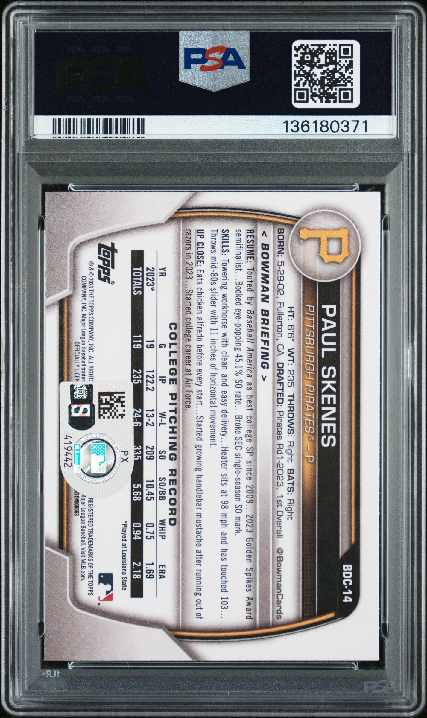 Graded 2023 Topps Bowman Draft Paul Skenes #BDC14 Chrome Rookie RC Baseball Card PSA Authentic Auto