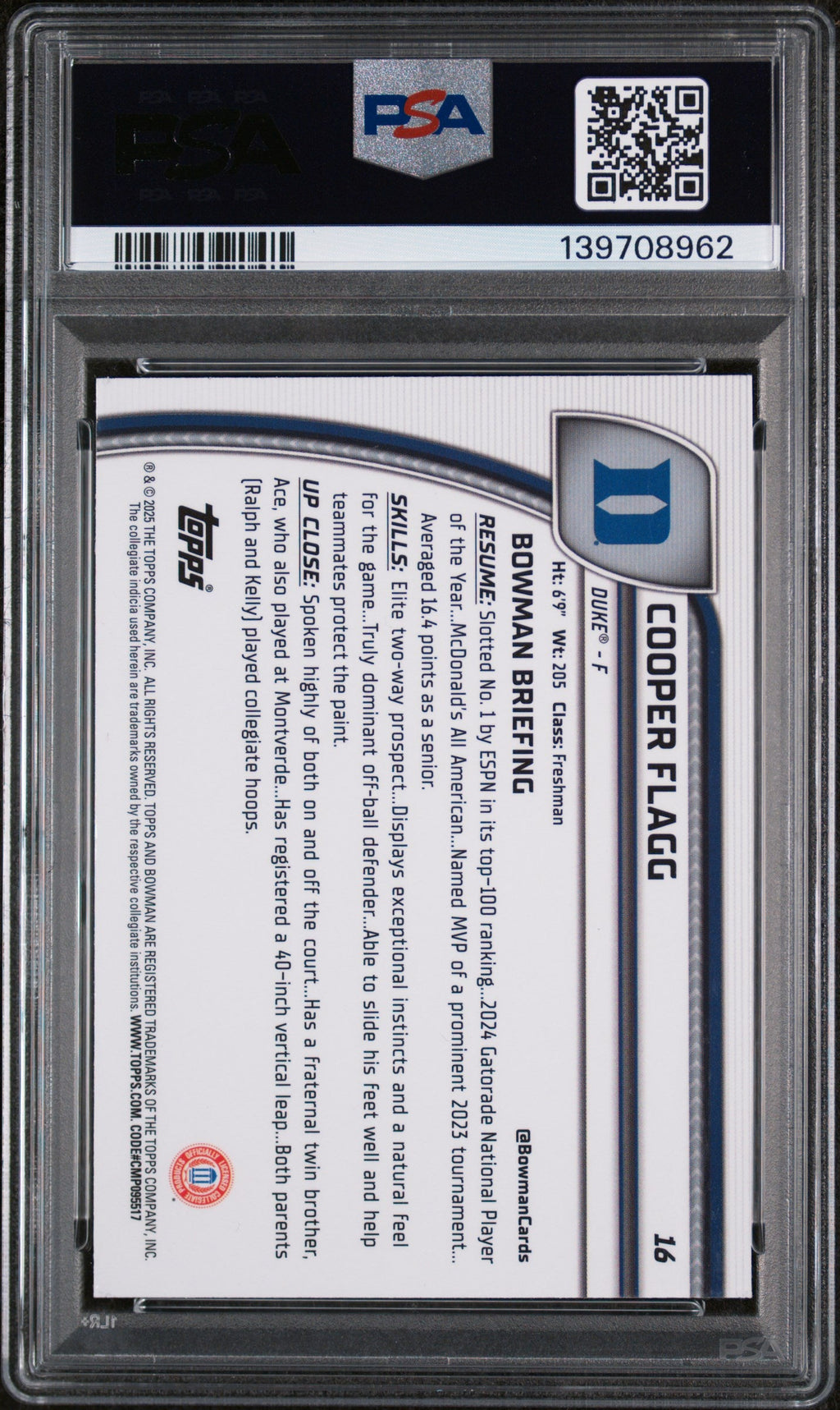 Graded 2024 Topps Bowman Chrome U Cooper Flagg #16 Purple Lava Rookie RC Basketball Card PSA 10 Gem Mint