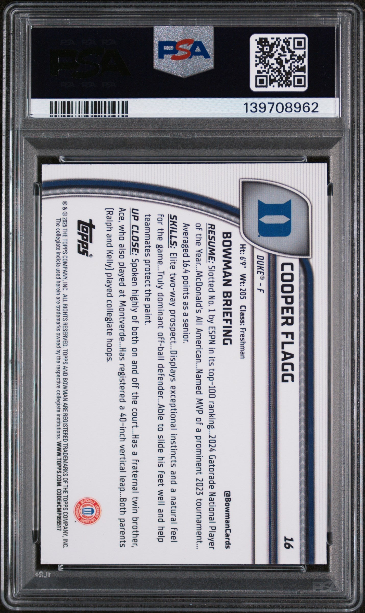 Graded 2024 Topps Bowman Chrome U Cooper Flagg #16 Purple Lava Rookie RC Basketball Card PSA 10 Gem Mint