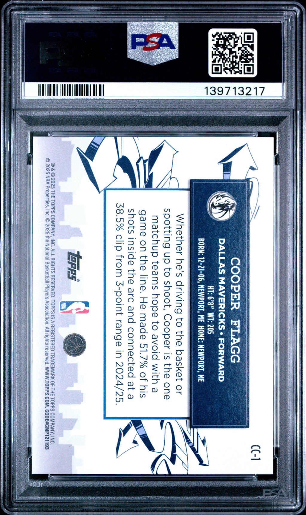 Graded 2025 Topps Cooper Flagg #CC1 Clutch City Prospects Rookie RC Basketball Card PSA 10 Gem Mint