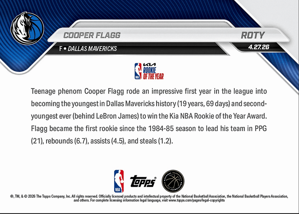 2025 Topps Now Cooper Flagg #ROTY 2026 KIA Rookie of the Year Award Winner Dallas Mavericks Rookie RC Basketball Card