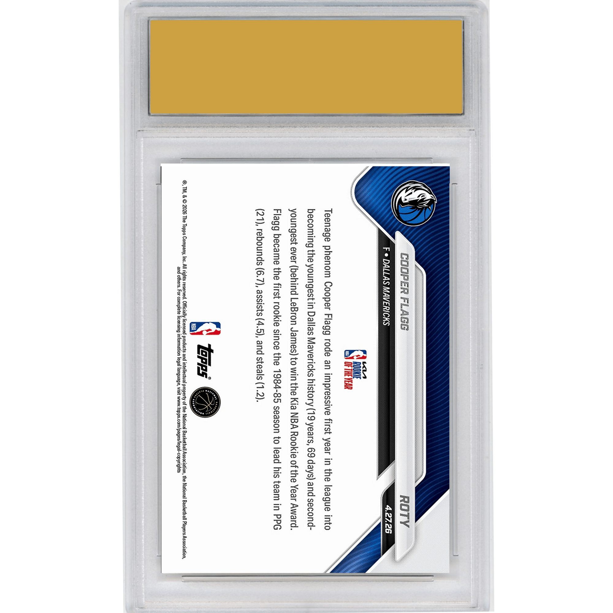 Graded 2025 Topps Now Cooper Flagg #ROTY 2026 KIA Rookie of the Year Award Winner Dallas Mavericks Rookie RC Basketball Card HOFSM 10 Gem Mint