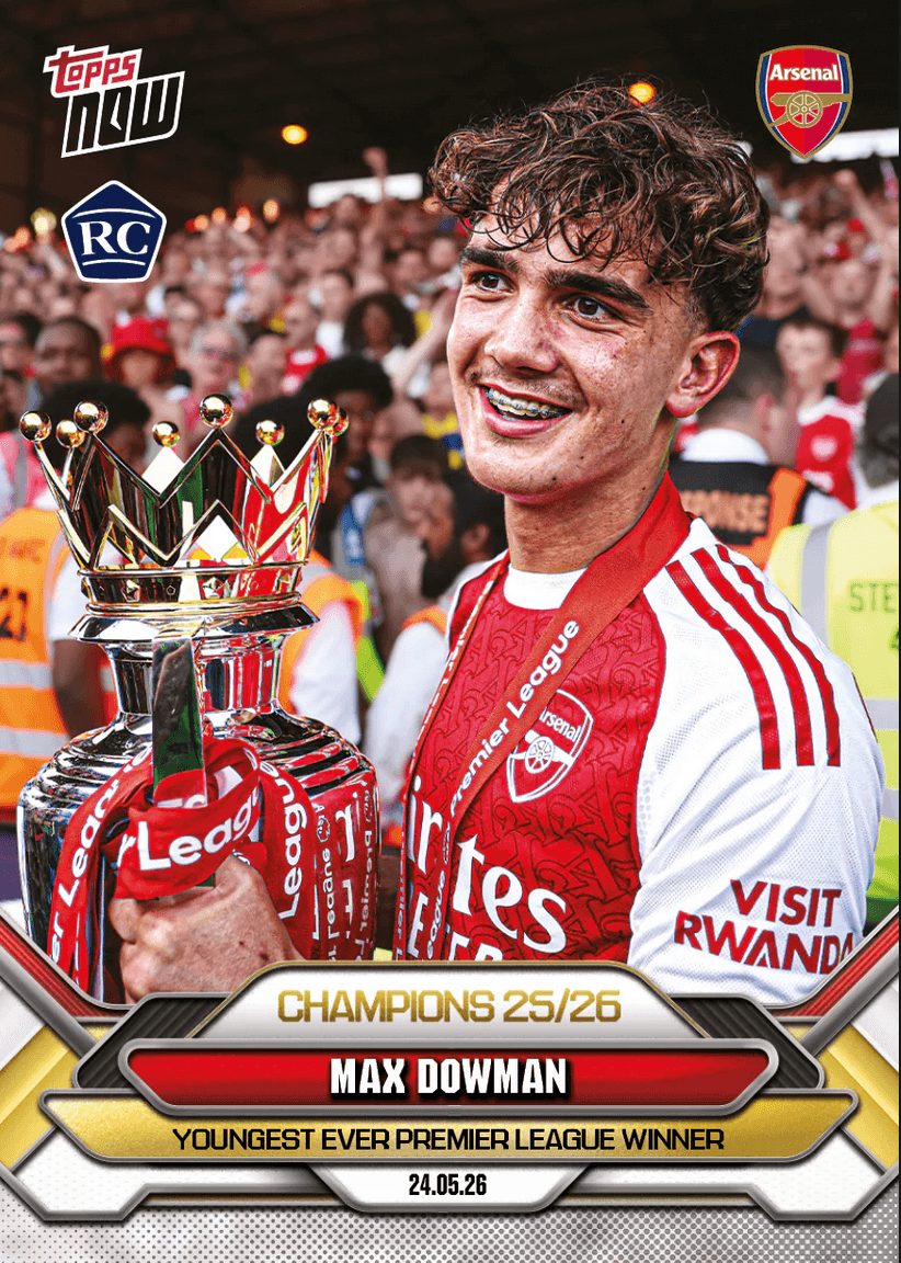 2025 Topps Now Max Dowman #002 Youngest Ever Premier League Winner Arsenal Rookie RC Soccer Card