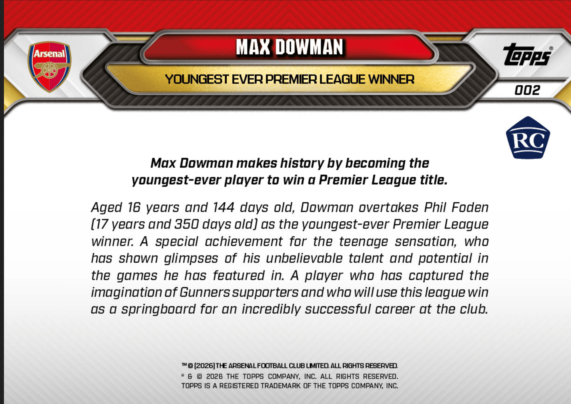 2025 Topps Now Max Dowman #002 Youngest Ever Premier League Winner Arsenal Rookie RC Soccer Card