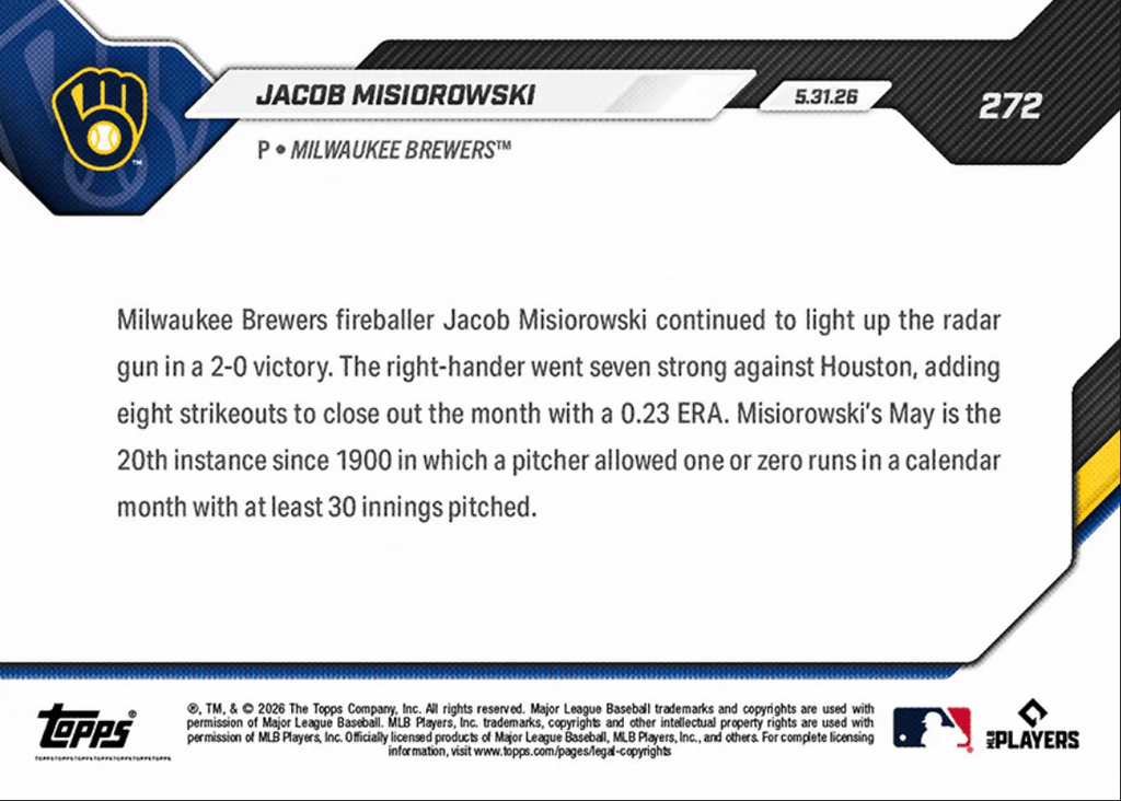 2026 Topps Now Jacob Misiorowski #272 Scoreless Start Closes May with 0.23 ERA Milwaukee Brewers Rookie RC Baseball Card