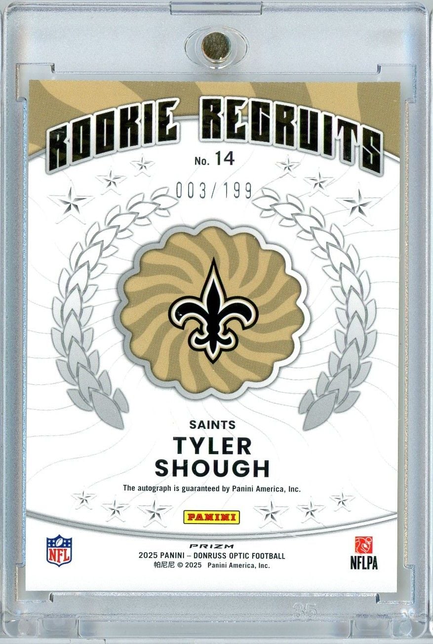 2025 Panini Donruss Optic Tyler Shough #14 /199 Rookie Recruits Refractor Auto Rookie RC Football Card