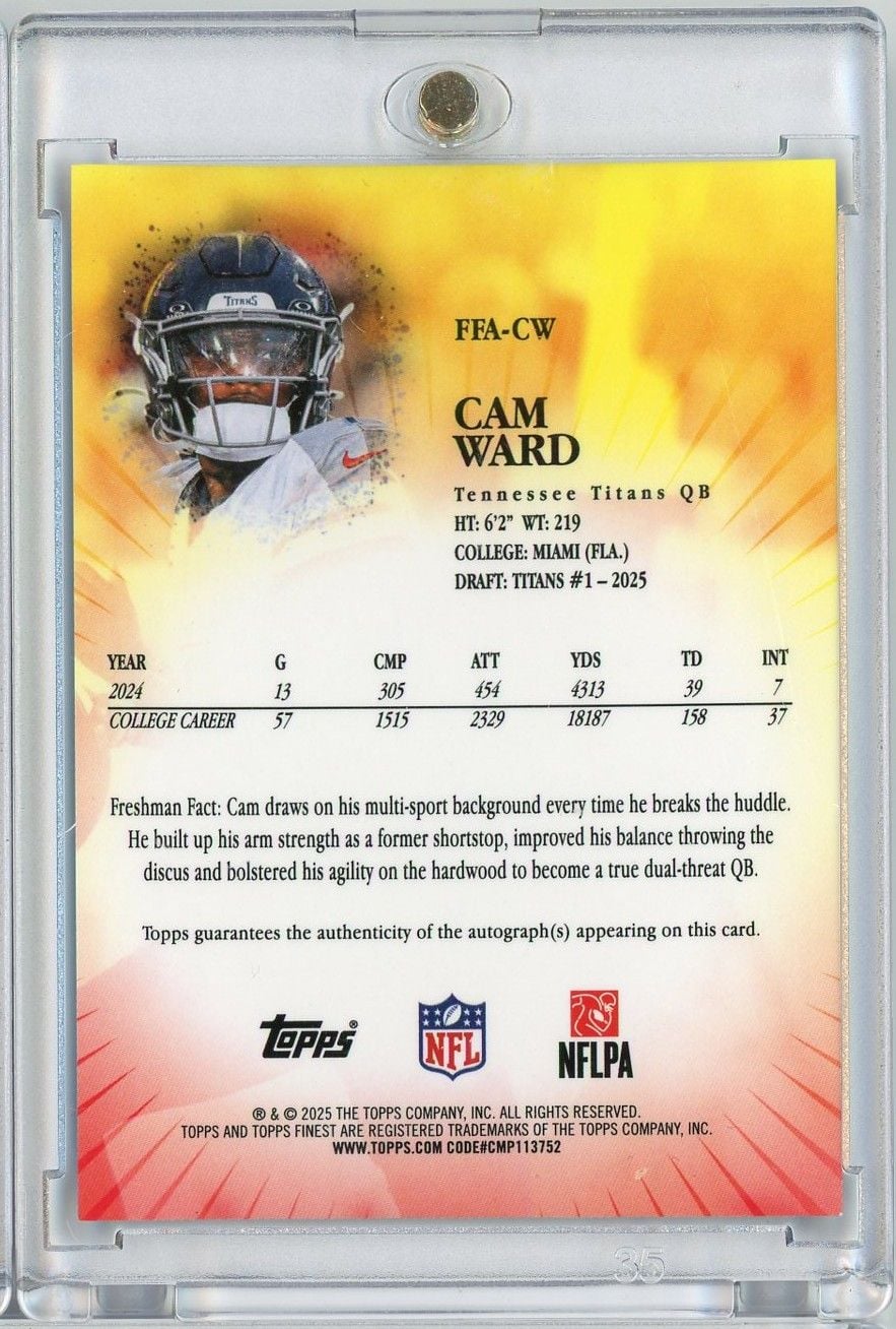 2025 Topps Finest Freshman Cam Ward #FFACW /99 Blue Refractor Auto Rookie RC Football Card
