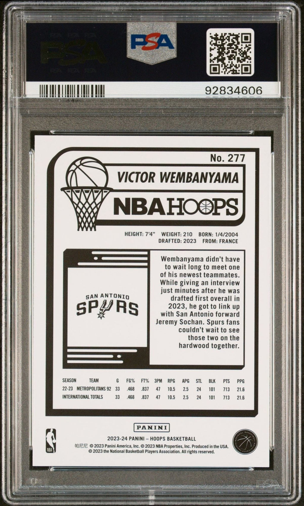 Graded 2023 Panini Hoops Victor Wembanyama #277 Winter Rookie RC Basketball Card PSA 10 Gem Mint